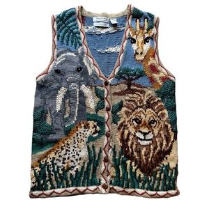 Northern Isles Signature Hand Knit Safari Animal Vest L Elephant Giraffe Sweater